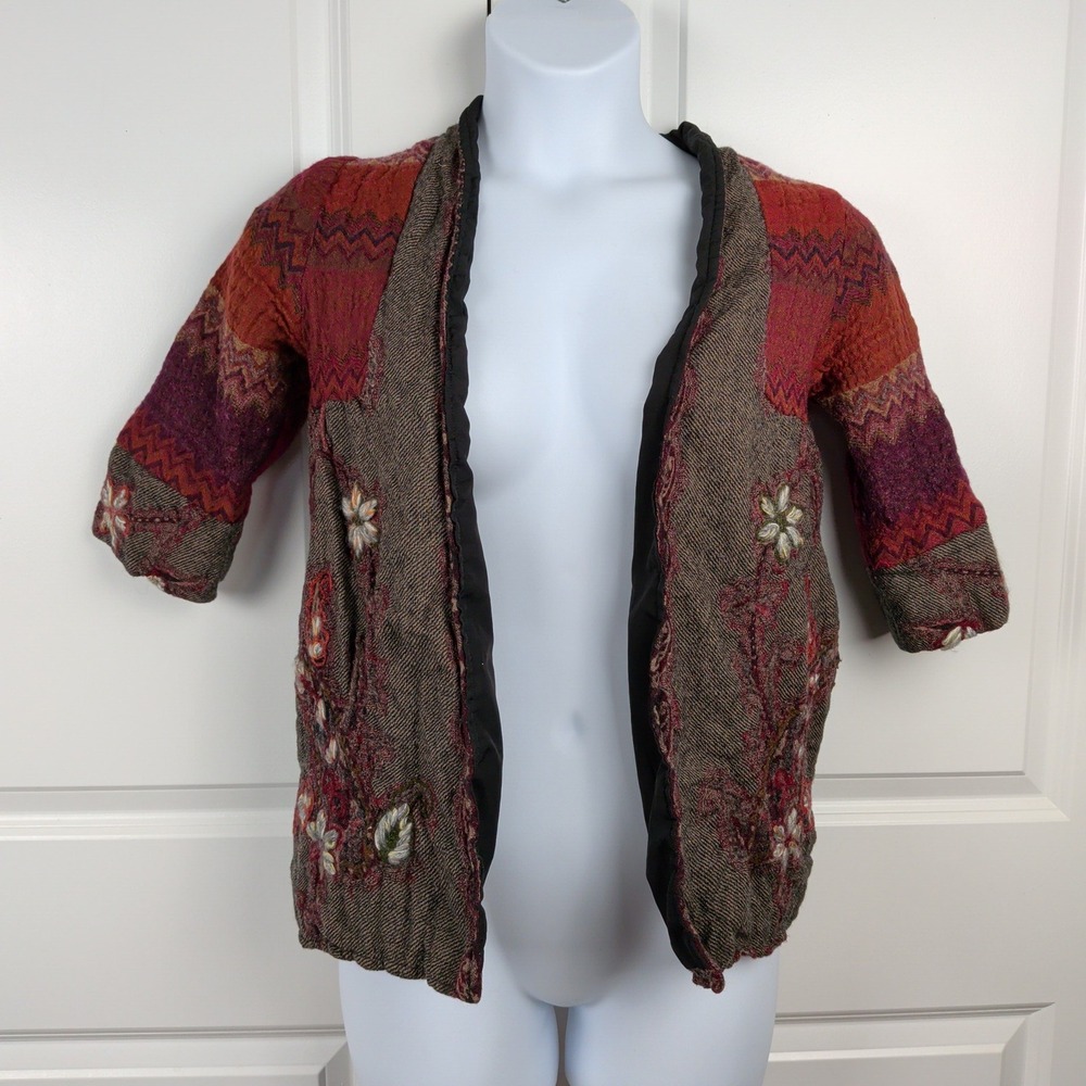 Patchwork Earthy Goblincore Wool Embroidered Jacket PXS Red Brown Paisley - Picture 2 of 10